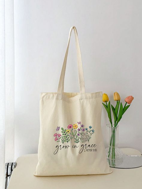 1pc Beige 'Grow In Grace' Plant & Flower Printed Canvas Tote Bag For Ladies, Outdoor Portable Shopping Bag Beige    Polyester Plants Shoulder Tote Bag   Women Bags, size features are:Bust: ,Length: ,Sleeve Length: Tote Bag Design Paint, Canvas Bag Painting, Cheap Tote Bags, Painted Canvas Bags, Fall Tote, Christian Tote Bags, Handmade Fabric Bags, Flower Tote Bag, Boho Tote Bag