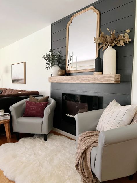 Fireplace With Wallpaper Accent Walls, Shiplap Mantle Decor, Easy Diy Shiplap Fireplace, Accent Wall Mantle, Dark Gray Shiplap Fireplace, Shiplap Fireplace Paint Color, Easy Fireplace Diy, Navy Shiplap Fireplace, Dark Shiplap Fireplace