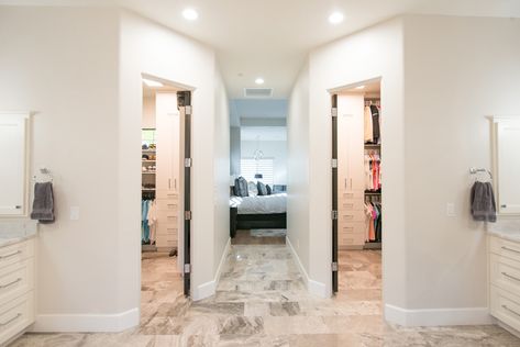 His And Hers Separate Closets, His And Hers Closets Side By Side, His And Hers Closets Master Suite, Master Bedrooms With Closet And Bathroom, His And Her Toilets Master Bath, Closet Between Bedroom And Bathroom, His And Hers Toilets, His And Her Sinks Master Baths, His And Hers Bathroom Master Baths