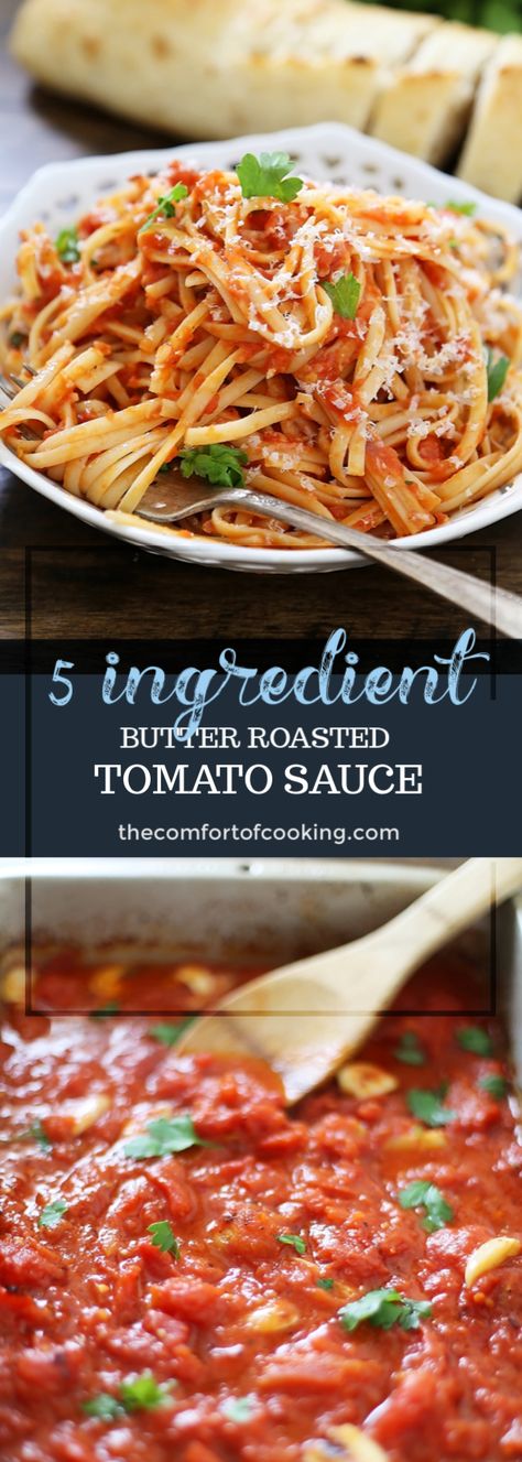 5-Ingredient Butter Roasted Tomato Sauce with Linguine Easy Tomato Butter Pasta, Linguine Tomato Sauce, Tomato Butter Pasta, Spaghetti Sauces, Butter Sauce For Pasta, Tomato Butter Sauce, Easy Healthy Pasta Recipes, Easy Carbonara Recipe, Pasta Sauce Recipes Tomato