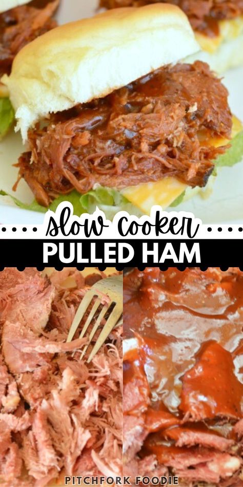 This recipe for Smoked Pulled Pork is a breeze to make thanks to using a simple ham. It's a perfect addition to your Game Day feast. Simply place the ham in a slow cooker, let it cook, and shred it once it's done. This easy and delicious meal is a game-changer that will simplify your Super Bowl party planning and leave your guests wanting more. You'll love this no-fuss and flavorful pulled pork recipe! Crockpot Ham For Sandwiches, Shredded Ham Slow Cooker, Pulled Ham Recipes, Pulled Ham, Ham Recipes Crockpot, Slow Cooker Ham Recipes, Smoked Ham Recipe, Homemade Bbq Sauce Recipe, Ham Breakfast