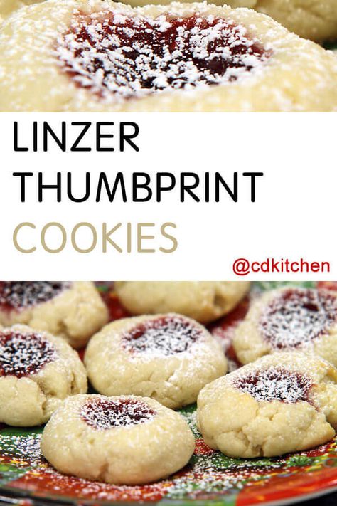 Linzer Thumbprint Cookies - Made with flour, almonds, baking powder, salt, cinnamon, butter, sugar, egg yolks, vanilla extract, almond extract, , raspberry jam, lemon peel, confectioners' sugar | CDKitchen.com Best Thumbprint Cookies, Festive Holiday Desserts, Thumbprint Cookies Recipe, Cookie Brownie Bars, Cinnamon Butter, Almond Extract, Get Rid Of Warts, Kinds Of Desserts, Roll Cookies