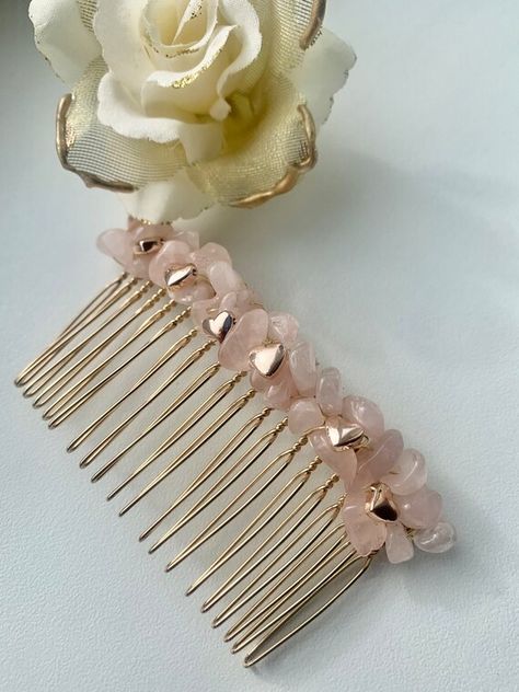 Rose Quartz Hair Comb Rose Quartz Hair Clip Crystal Hair | Etsy UK Rose Quartz Hair, Gemstone Hair, Decorative Hair Combs, Gold Hair Comb, Pearl Hair Combs, Crystal Hair Accessories, Bridesmaid Hair Accessories, Crystal Hair Comb, Hair Accessories Boho