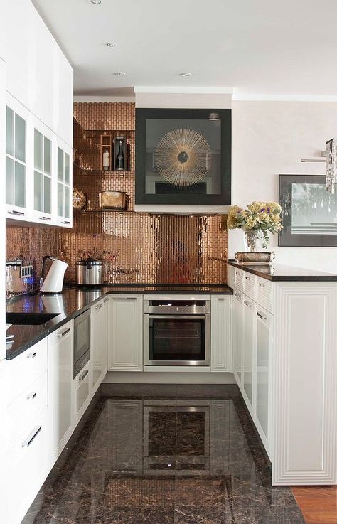 Copper backsplash adds personality to this kitchen. Kitchen Cabinets And Backsplash, Copper Kitchen Backsplash, Copper Backsplash, White Kitchen Remodeling, Herringbone Backsplash, Rosé Gold, Transitional Kitchen, Copper Kitchen, Kitchen Tiles Backsplash