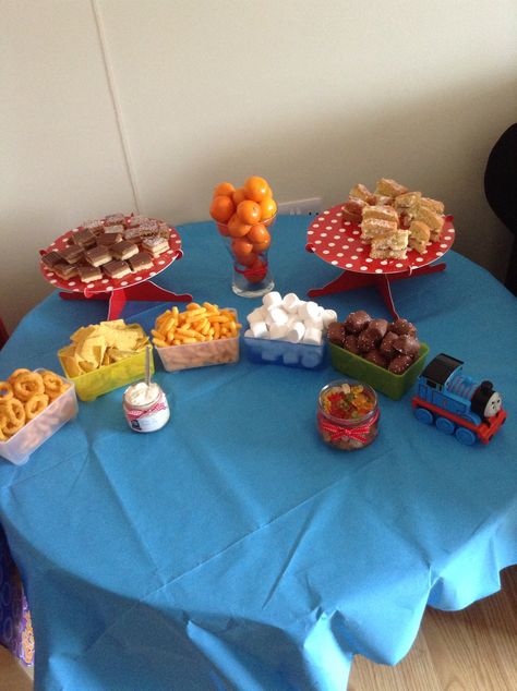 Snack table #thomas #tank #engine #party Thomas The Tank Engine Birthday Party, Train Themed Snacks, Thomas Tank Engine Party, Train Birthday Party Food, Thomas The Tank Engine Party, Thomas Train Birthday, Party Food Table, Train Food, Thomas Party