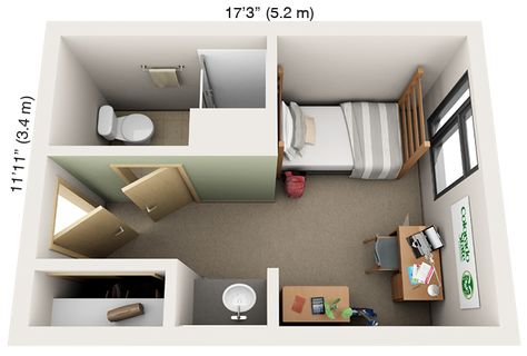 Suite-Style Single w/ Private Bathroom: Academic Village, Laurel Village Single Dorm Room, Dorm Layout, Small Apartment Layout, Studio Apartment Floor Plans, Dorm Room Layouts, Small House Blueprints, Small Dorm Room, Small Dorm, Hotel Floor Plan