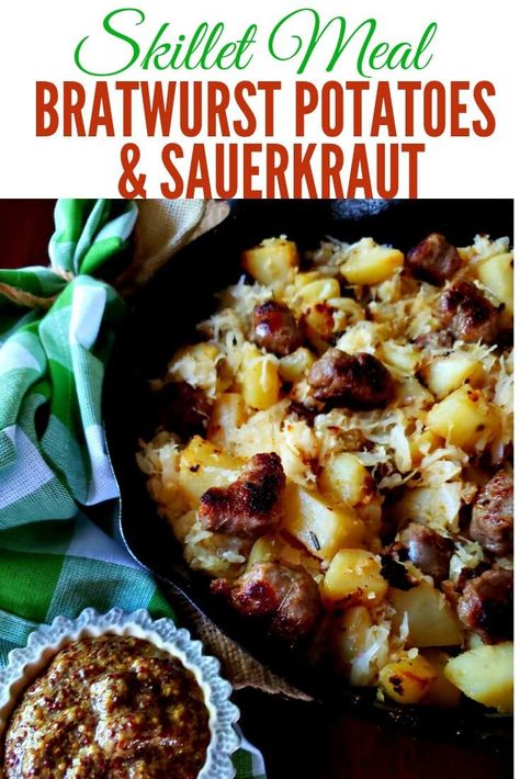 Bratwurst Potatoes and Sauerkraut Skillet Meal is a delicious quick and easy family meal. This one skillet dinner is perfect for those busy days and takes about half an hour to prepare. A great recipe for your Oktoberfest celebration at home. #bratwurst #sauerkraut #friedpotatoes #skilletmeals #bratsandkraut #Oktoberfest #easyrecipes #familydinnerideas #southernfood #southernrecipes #germanfood #sausageandpotatoes #juliassimplysouthern Bratwurst Cabbage Recipes, Impossible Bratwurst Recipes, Bratwurst Bites Recipes, Kielbasa Sourkrout And Potatoes, Food With Sauerkraut, Chicken Bratwurst Meals, Brats And Sauerkraut Skillet, Sauerkraut And Bratwurst, Bratwurst Sauerkraut Recipes