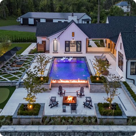 Farm Pool Backyards, Pool Next To Driveway, Backyard Landscaping Pool Entertaining, Hot Tub Separate From Pool, Average Pool Size, Pool House Landscaping, Houses With Pools In The Backyard, Lake House Backyard With Pool, Best Backyard Pools