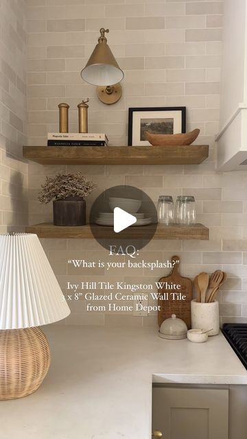 Kendra | Harbor + Pine on Instagram: "One of my most frequently asked questions: What is your backsplash? Comment TILE for the link ✨ It’s one of my very favorite details in our kitchen! Save this post to come back to later or to send to a friend for inspo 🫶🏻  Ivy Hill Tile Kingston White 3 in. x 8 in. Glazed Ceramic Wall Tile in from Home Depot We used Mapei grout in the color white for the grout" Ivy Hill Tile Backsplash Kitchen, Vertical Kitchen Tile Backsplash, Ivy Hill Tile Kingston White, Ivy Hill Kingston White Backsplash, White Subway Tile Kitchen Backsplash Quartz Counter, Ivy Hill Kingston White, Glossy Backsplash Kitchen, White Backsplash With Grey Grout, Countertop Backsplash Combinations