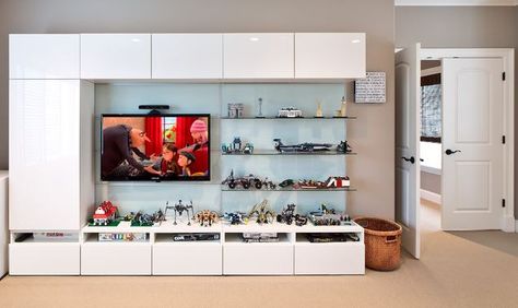 Our favorite Lego and Lego minifigs display ideas! Ikea, DIY, and more. Good stuff. Ikea Entertainment Center, Besta Ikea, Wall Entertainment Center, Kids Bedroom Storage, Diy Entertainment, Living Tv, Lego Display, Design Café, Diy Tv Stand