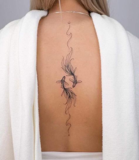 Back Tattoo Women Pisces, Hot Spine Tattoos, Pisces Spine Tattoo, Ocean Spine Tattoos For Women, Koi Fish Spine Tattoo, Ocean Back Tattoo, Fine Line Back Tattoo, Snake Spine Tattoo, Yin And Yang Tattoo