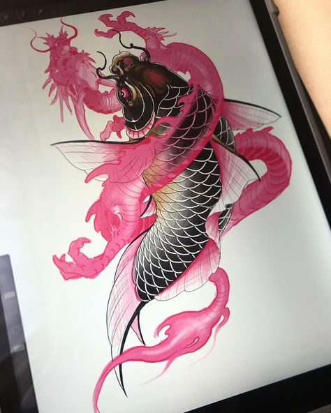 Koi fish with a dragon spirit! Quick concept I’d like to tattoo | Instagram Koi Fish Drawing Tattoo, Pez Koi Tattoo, Dragon Koi Tattoo Design, Dragon Koi Fish, Koi Dragon Tattoo, Karp Koi, Easy Drawing Step By Step, Japanese Koi Fish Tattoo, Koi Dragon