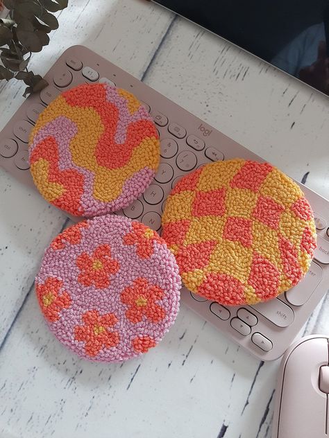 Set of 2 Car Coaster, Retro  Hippie  Coaster,  Groovy Rug Coasters, Retro Car Accessories, Trendy Colorful Mug Rug -  #accessories #Car #Coaster #Coasters #Colorful #Groovy #hippie #Mug #Retro #Rug #Set #Trendy Car Cup Holder Coaster Crochet, Retro Car Accessories, Retro Car Decor, 70s Coasters, Diy Car Coasters, Truck Aesthetic, Car Mirror Decals, Rug Coasters, Punch Needling