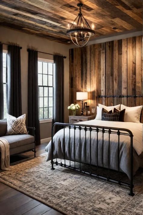 Rustic bedroom with a reclaimed wood accent wall Wood Plank Accent Wall Bedroom, Rustic King Headboard, Slanted Accent Wall Sloped Ceiling, Rustic Wood Accent Wall Bedroom, Rustic Small Bedroom, Rustic Accent Wall Ideas, Brown Accent Wall Bedroom, Rustic Shiplap Wall, Pallet Wall Bedroom