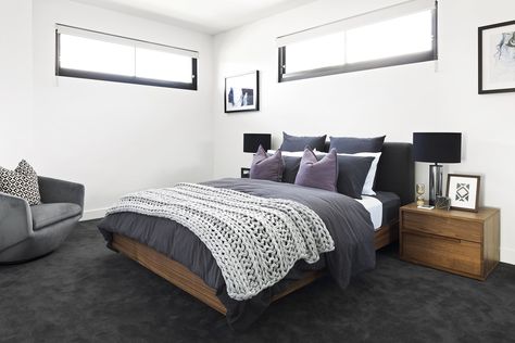 master bedroom with dark grey carpet brown timber bed and grey quilt cover set with purple cushions Dark Grey Carpet Bedroom, Black Carpet Bedroom, Grey Carpet Living Room, Grey Carpet Bedroom, Dark Grey Carpet, Gray Bedroom Walls, Timber Beds, Luxe Living Room, Dark Carpet