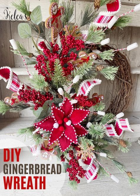 This Christmas wreath tutorial features a fun combination of gingerbread, poinsettia, and classic elements. You'll love the finished gingerbread wreath for your front door. Christmas Grapevine Wreath Ideas, Poinsettia Wreath Tutorial, Diy Poinsettia, Gingerbread Wreaths, Christmas Wreath Tutorial, Christmas Grapevine Wreath, Diy Seasonal Decor, Wreath Making Tutorials, Wreaths Videos