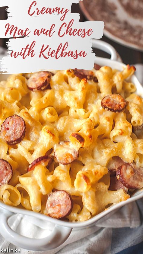 Double cheese mac tossed with smoky kielbasa for a delicious meal. Mac And Cheese With Kielbasa, Sausage Mac And Cheese Recipe, Creamiest Mac And Cheese, Kilbasa Sausage Recipes, Gruyere Mac And Cheese, Crock Pot Tortellini, Mac And Cheese Casserole, Crockpot Mac And Cheese, Smoked Sausage Recipes