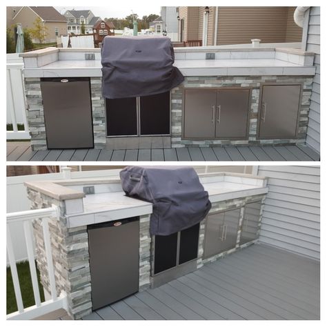 Outdoor kitchen on deck. Weber Genesis e-330 Weber Genesis Outdoor Kitchen, Kitchen On Deck, Outdoor Kitchen On Deck, Weber Genesis, Outdoor Kitchen Countertops, Outdoor Bbq Kitchen, Grill Station, Natural Gas Grill, Kitchen Grill