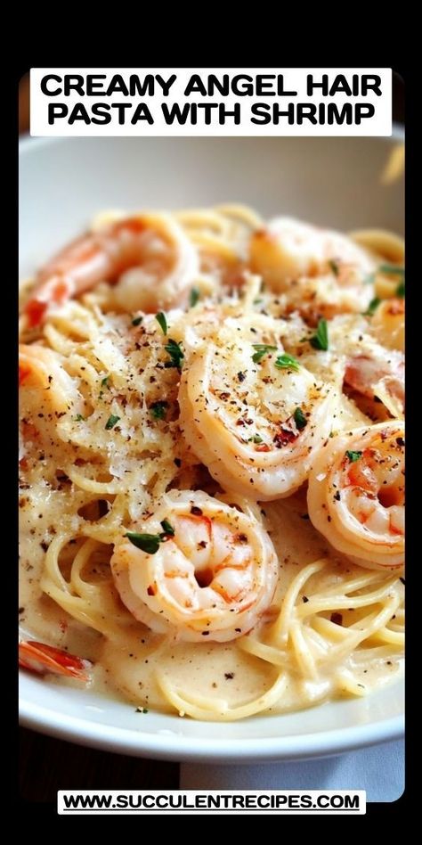 Enjoy a stress-free dinner with this One-Pot Creamy Shrimp and Angel Hair Pasta! Easy to make and clean up, this dish features tender shrimp and creamy sauce enveloping angel hair for a comforting meal the whole family will love. Healthy Creamy Shrimp Pasta, Angle Hair Pasta Recipe With Shrimp, Recipes Using Angel Hair Pasta, New Years Pasta Dinner, White Shrimp Recipes, Shrimp And Capers Pasta, Shrimp Recipes With Pasta, Shrimp And Lemon Pasta, Salmon Angel Hair Pasta Recipe