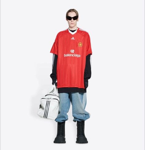 Balenciaga x Adidas SS23 Lookbook Balenciaga Jersey, Football Crest, Red Balenciaga, Balenciaga Adidas, Balenciaga Spring, Oversized Jersey, Soccer T Shirt, Adidas Jersey, Balenciaga Logo