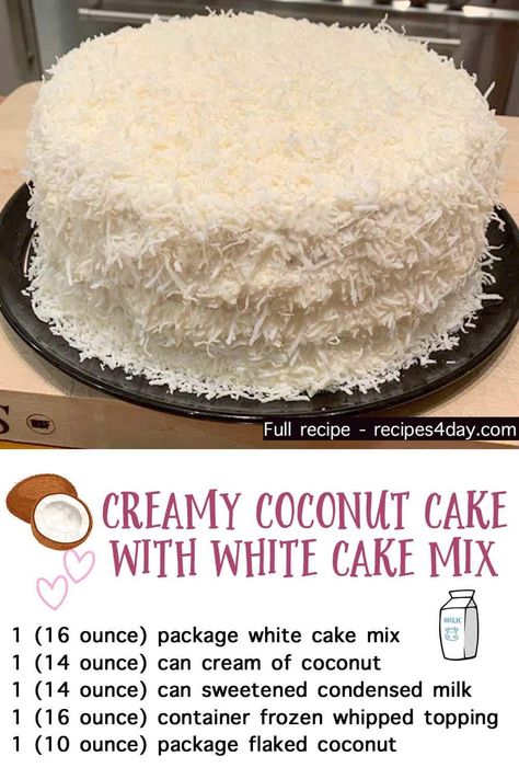 Coconut Cloud Cake Recipe, Best Coconut Cake Recipe, Coconut Cakes, Vanilla Desserts, Coconut Cream Cake, Cream Of Coconut, Cake Mix Desserts, Coconut Cake Recipe, Cake Mixes