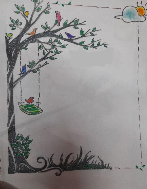 Nature Border Design For Project, Nature Border Design Drawing, Boder Degin On Paper, Page Borders Design Handmade, Project Border, Bullet Journal Hand Lettering, Balcony Tiles, Assignment Ideas, Book Cover Page Design