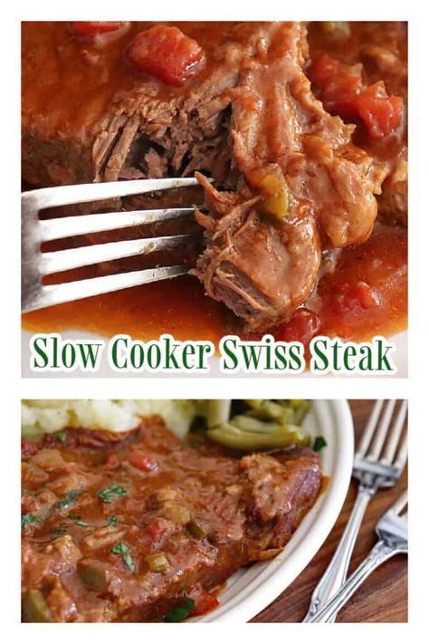 Slow Cooker Swiss Steak Recipe - AimeeStock.com Crockpot Swiss Steak Recipes, Crockpot Round Steak Recipes, Slow Cooker Swiss Steak, Beef Bottom Round Steak, Top Round Roast Recipe, Swiss Steak Recipe, Crockpot Steak Recipes, Swiss Steak Recipes, Round Steak Recipes