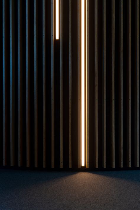 360 Chicago, Trondheim Norway, Column Lighting, Trend Products, Marble Detail, Stripped Wall, Timber Slats, Facade Lighting, Linear Lighting