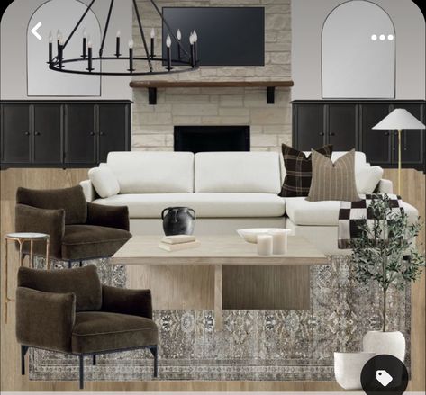 Transitional Great Room With Fireplace, Modern Contemporary Transitional Living Room, Modern Organic Formal Living Room, Formal Living Room Set Up, Modern Farmhouse Basement Decor, Beige Sofa Mood Board, Transitional Industrial Living Room, Midcentury Modern Transitional Living Room, Transitional Design Mood Board