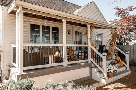 Front Porch Railings | The Vinyl Outlet | Buffalo NY Half Front Porch Ideas, Home Exterior Front Porch, Farmhouse Front Porch Railing, Front Porch With Gate, Front Porch Styles Design, Vinyl Front Porch, Front Porch Expansion Ideas, Front Porch With Railing Ideas, Front Porch Railings Farmhouse