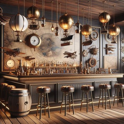 Adventure awaits in every corner. 🗺️✨ Spot the airship models and compasses that bring our steampunk bar to life. #sipthestyle #Steampunk #BarDesign #SteampunkBar Steampunk Bar, Airship Model, Unique Spaces, Adventure Awaits, Bar Design, Bar Decor, Interior Inspiration, Gate, Design Trends