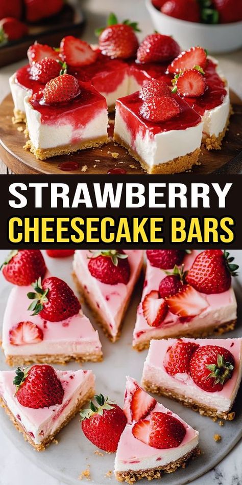 Elevate your dessert game with these delicious Strawberry Cheesecake Bars! 🍓✨ A perfect blend of creamy cheesecake and fresh strawberries, they’re the ultimate crowd-pleaser. 🍰🧁 #DessertInspiration #SummerSweets #CheesecakeBars Cheesecake Bar Recipes Easy, Cheesecake Bars Recipes, Cheesecake Bars Recipes Easy, Strawberry Cheesecake Bars Recipes, Woolworth Cheesecake Recipe, Blondies Recipes, Woolworth Cheesecake, 5 Minute Desserts, Strawberry Cheesecake Bars