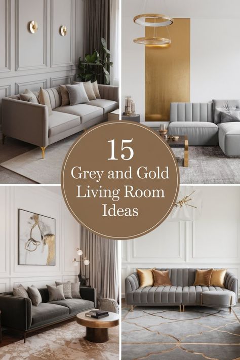 15 stylish grey and gold living room ideas in a collage of elegant interiors. Gold White And Grey Living Room, Grey And Gold Living Room Ideas, Grey And Gold Living Room, Cozy Glam Living Room, Warm Modern Living Room, Gold Accents Living Room, Gold Living Room Ideas, Front Room Ideas, Beige And Grey Living Room