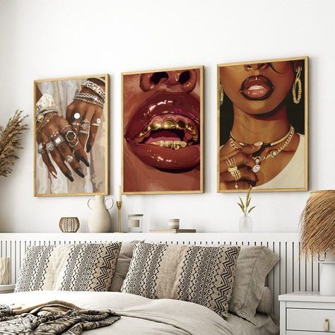 Black woman in luxurious jewelry wall art - set of Self Portraits In Bedroom, Brown Wall Art Bedroom, Black Culture Decor, Bedroom Decor Ideas Black Women, Black Women Brown Aesthetic, Black Woman Room Decor, Black Women Interior Designers, Black And Brown Apartment Aesthetic, African Art Decor