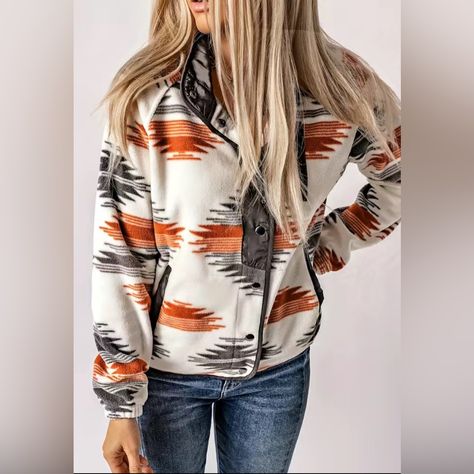 Size Small Gorgeous Gray & Burnt Orange Aztec Pattern Snap Front Jacket Three Front Pockets, Breast Pocket Has Zipper Elastic Cuffs 100% Polyester, Soft Fuzzy Material P2p 20" Length 22" Western/Boho Cowgirl Chic Closet Consultant Pff Hostess Pff Supporter @Trixieleec1 (Trixie) New To Poshmark? Use Code Trixieleec1 To Get $10 After Your First Purchase! Western Aztec, Plush Coat, Fleece Jacket Womens, Legging Jeans, Retro Jacket, Long Sleeve Outerwear, Fashion Hoodies, Ethnic Print, Weave Style