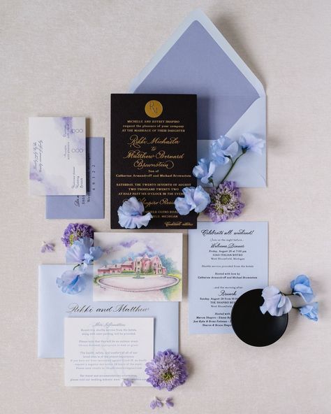 Periwinkle wedding invitations with leather card and gold foil stamping    Wedding invitation, watercolor wedding invitation, gold foil, letterpress    Photo shared by Leah E. Moss Designs on January 01, 2024 tagging @mvitale_eventplanner, @nikimariephoto, and @birchaffair.   #Regram via @C1ulpDPRTkt Periwinkle Wedding Invitations, Periwinkle Invitations, Periwinkle Wedding, Wedding Invitation Watercolor, Wedding Invitation Gold, Foil Letterpress, Invitation Etiquette, First Wedding Anniversary Gift, Foil Stamped Wedding Invitations