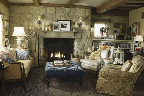 Instead of a coffee table, the living room has a tufted ottoman in the centre of the seating. English Cottage Living Room, Rosehill Cottage, English Cottage Interiors, Cottage Style Furniture, Cottage Interior Design, English Cottage Decor, English Country Cottage, English Country Decor, Cottage Living Rooms