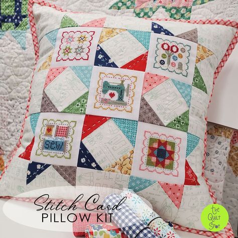 Lori Holt Stitch Card Pillow Kit Lori Holt Cross Stitch, Stitch Cards, Lori Holt, Cross Stitch Pillow, Patchwork Cushion, Cross Stitch Finishing, Quilted Pillow, Quilt Shop, Quilt Making