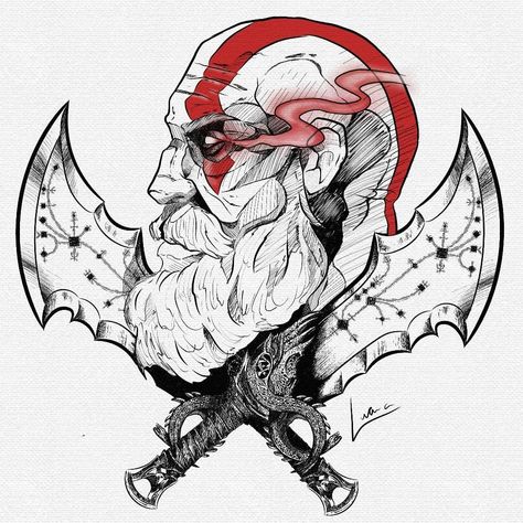 Kratos Blades Of Chaos Tattoo, Gaming Tattoo Designs, Kratos Tattoo Ideas, Kratos Tattoo Design, Kratos Design, Kratos Sketch, Kratos Drawing, Kratos Art, Hellboy Tattoo