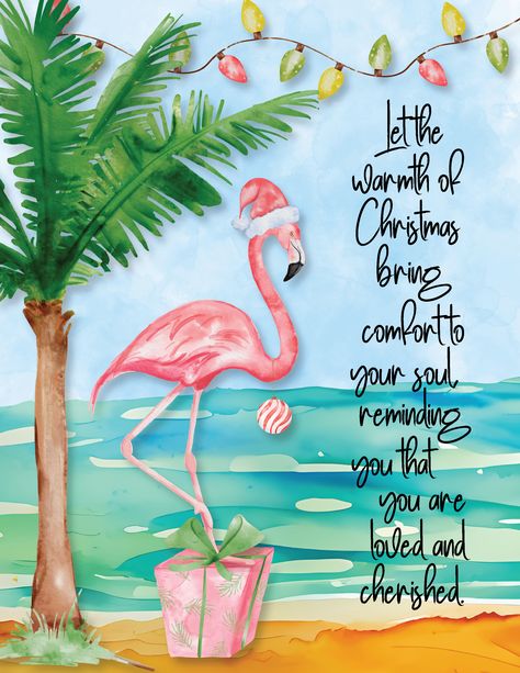 I have lived in Florida for over 30 years of my life so this is my favorite Free Printable! I love the flamingo and tropical trees, along with the string of lights and cool Christmas saying! Flamingo Printables Image, Flamingo New Year, December Bujo, Tropical Christmas Cards, Xmas Animals, Florida Winter, Christmas Nuts, Flamingo Pictures, Christmas Palm Tree