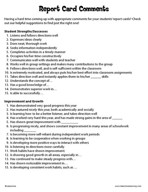 Report Card Comments.  Parents expect teachers to speak with them about what is happening in school.  I saw these comments and I thought they would be good conversations starters when I talk to the parents of the children in my bible class.: Progress Report Comments Elementary, Comments For Preschool Progress Reports, Kindergarten Conferences, Preschool Report Card Comments, Potty Party, Remarks For Report Card, Kindergarten Report Cards, Teacher Comments, Teaching Dance