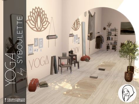 Sims 4 — Yoga set by Syboubou — This set offers everything for the Yoga and relaxation enthousiasts. With soft and pastel Meditation Stool, Lotes The Sims 4, Casas The Sims 4, Sims 4 Cc Furniture, Vinyl Storage, Sims 4 Build, Sims Community, Yoga Room, Sims 4 Houses