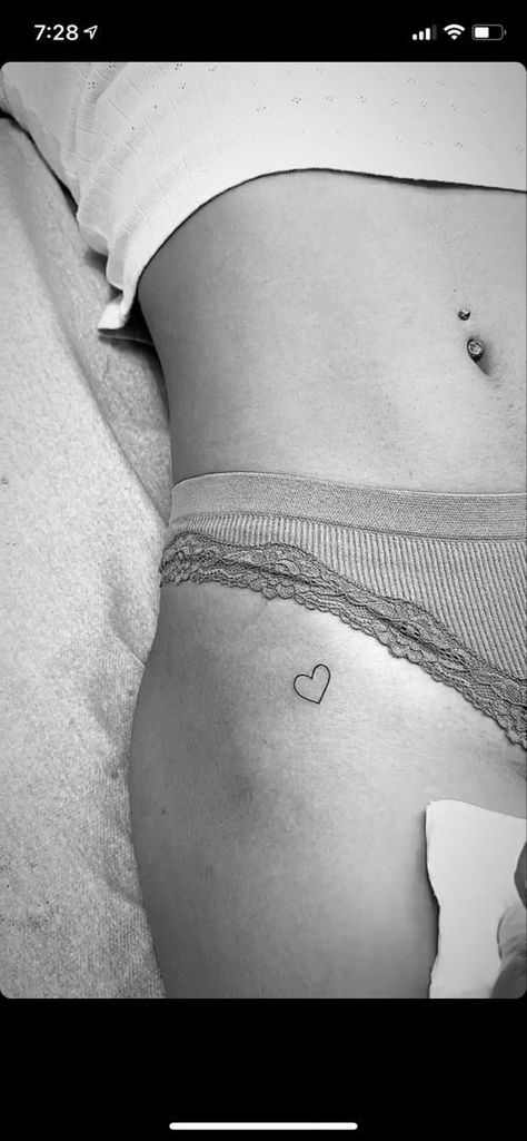 Tiny Heart Tattoo On Hip, Heart Tattoo On Hip Bone, Hidden Heart Tattoo, Minimal Hip Tattoo, Minimalist Tattoo Heart, Heart Hip Tattoo, Tiny Hip Tattoo, Hip Bone Tattoos, Hipbone Tattoo