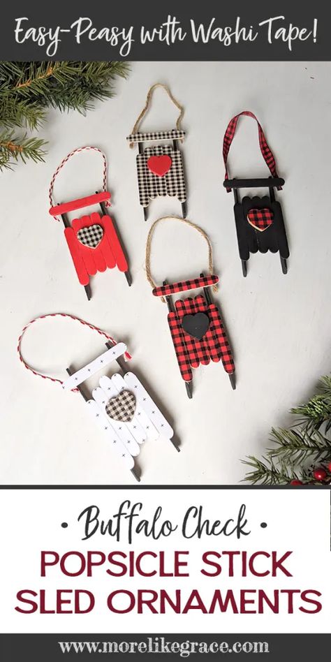 Diy Christmas Easy, Christmas Easy Crafts, Popsicle Ornaments, Popsicle Stick Sled, Ski Ornaments, Sled Ornaments, Popsicle Stick Christmas Crafts, Sellable Crafts, Tier Trays