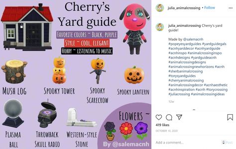 not my image or instagram account Acnh Cherry Gift Guide, Cherry Yard Guide Acnh, Acnh Kyle Yard, Cherry Acnh Yard, Cherry Acnh, Acnh Witchcore, Villagers Acnh, Acnh Characters, Halloween Acnh