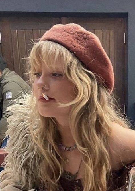 60s Blonde Hair, 70s Hair Scarf Outfit, 70s Hair With Bandana, 70s Blonde Hair, Hat With Bangs, How To Wear A Hat With Bangs, 60s Scarf Hair, 60s Bangs, 1970s Hair Scarf