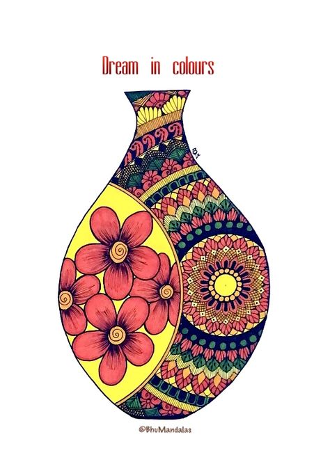 Flower Pot Mandala Art Drawing, Colour Mandala, Flower Vase Design, Bird Coloring, Basic Painting, Drawing Competition, Painted Pots Diy, Flower Pot Design, Afrique Art