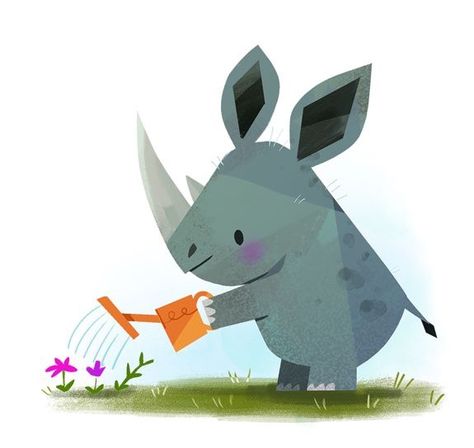 🌿🦏🌿 Rhino Illustration, Baby Rhino, Cute Animal Illustration, Illustration Character Design, Childrens Illustrations, Childrens Art, Children's Book Illustration, Wildlife Art, Children Illustration