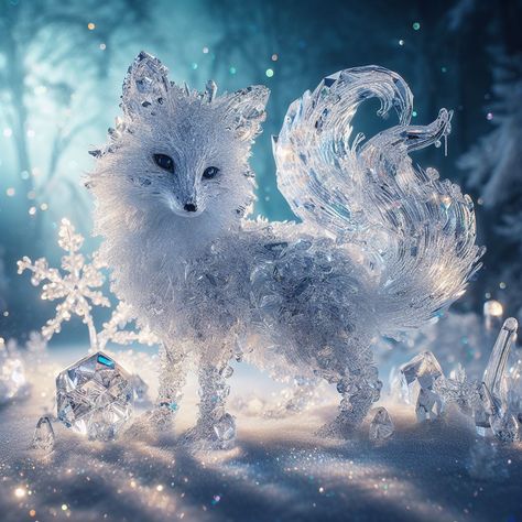 crystal Fox Winter Fantasy Creatures, Crystal Creature, Anime Snow, Mythical Creature Art, Mystical Animals, Spirit Animal Art, Dreamy Artwork, Legends And Myths, Cute Disney Pictures