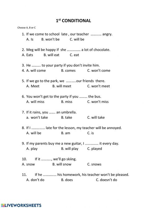 If First Conditional Worksheet, Conditional Sentences Worksheets, First Conditional Worksheet, First Conditional Sentences, Simple Past Tense Worksheet, English Liveworksheet, First Conditional, English Hacks, Conditional Sentences